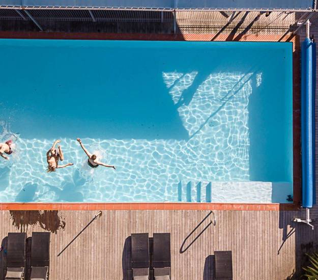 Birdseye view of guests in pool